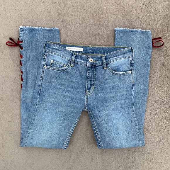 Pilcro and the Letterpress Side Velvet Lace Up Mid Rise Straight Leg Jeans Sz 26 - Picture 6 of 15